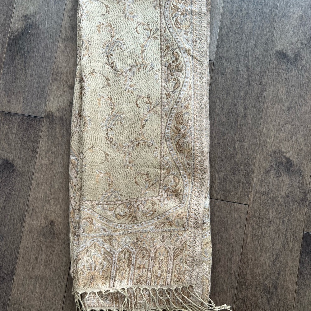 Pride of Kashmir Pure Silk Shawl Wrap Beige Gold – Handwoven India 29x77"